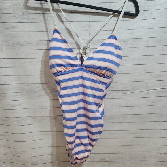 SPLENDID BLUE & NEON ORANGE STRIPED ONE PIECE SWIMSUIT, SZ LARGE, SUPER CUTE! - Picture 1 of 9